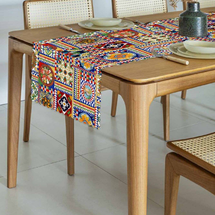 Sicily İtalyan Çini Stili Lazer Kesim Dikişsiz Runner - 48x135cm