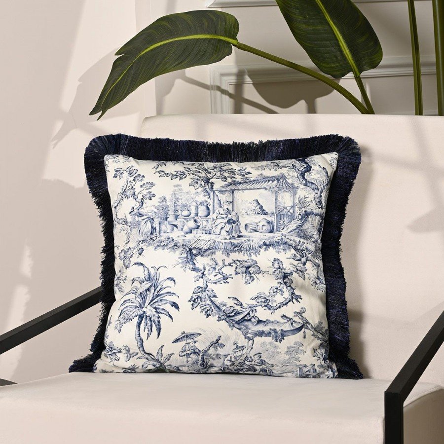 Toile Desen Lacivert Saçaklı Kadife Kırlent Kılıfı – 43x43 cm