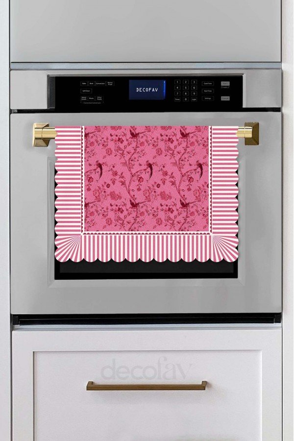 Pembe Zemin Dekoratif Kenar Kuşlar ve Dallar Tasarımlı Lazer Kesim Dikişsiz Fırın Örtüsü - 40x53cm
