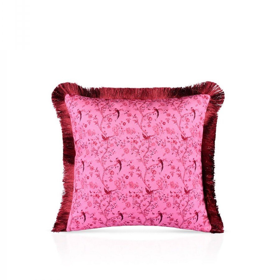 Pembe Kuş Desenli Bordo Saçaklı Kadife Kırlent Kılıfı – 43x43 cm