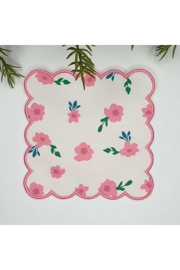 Çıtır Pembe Çiçek Desenli Nakış Kenar Kumaş Kokteyl Peçetesi 1 Adet