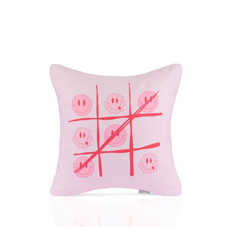 Happy Wins TikTakToe Smiley Desenli Kırlent Kılıfı – 43x43cm