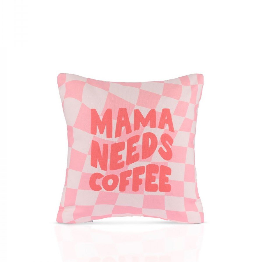 Mama Needs Coffee Pembe Damalı Espirili Kırlent Kılıfı – 43x43cm