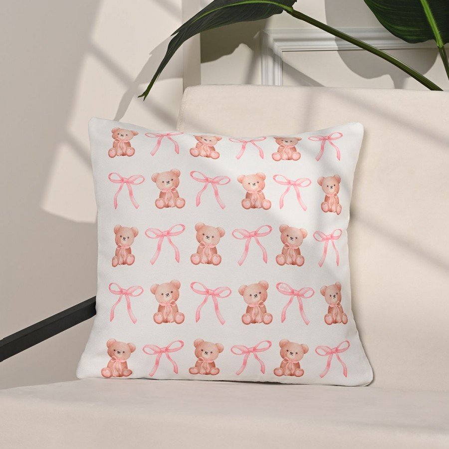 Baby Pink Ayıcık ve Kurdele Desenli Çocuk Odası Kırlent Kılıfı – 43x43cm
