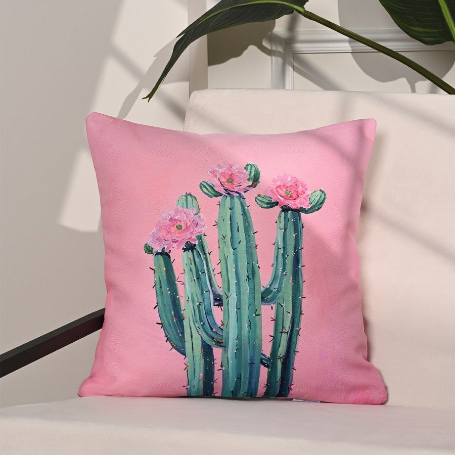 Blooming Cactus Çiçekli Kaktüs İllüstrasyonlu Kırlent Kılıfı – 43x43cm