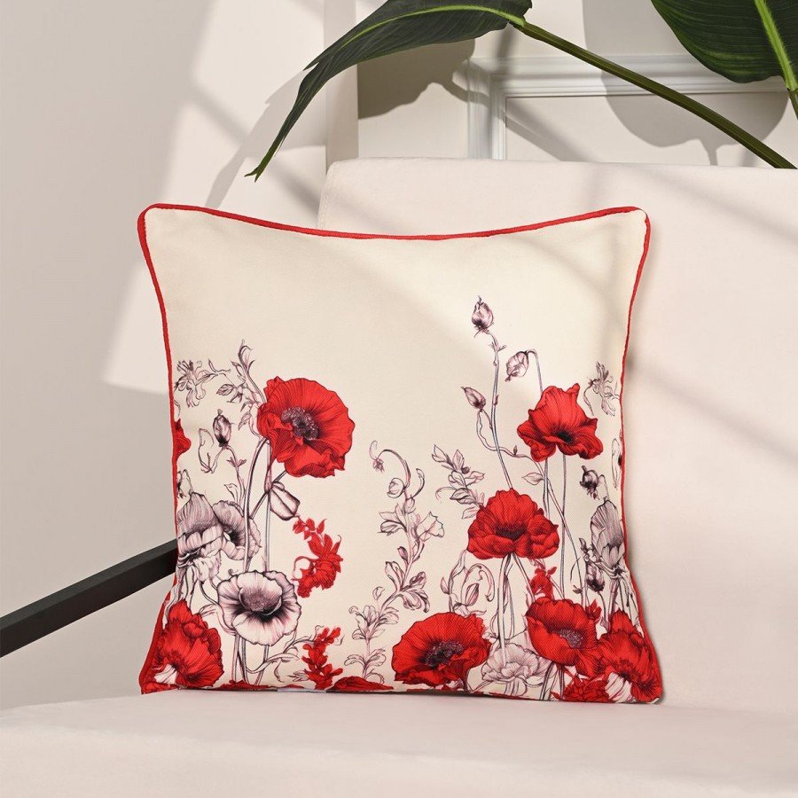 Kırmızı Gelincik Desenli Dijital Baskılı Kırlent Kılıfı – 43x43cm