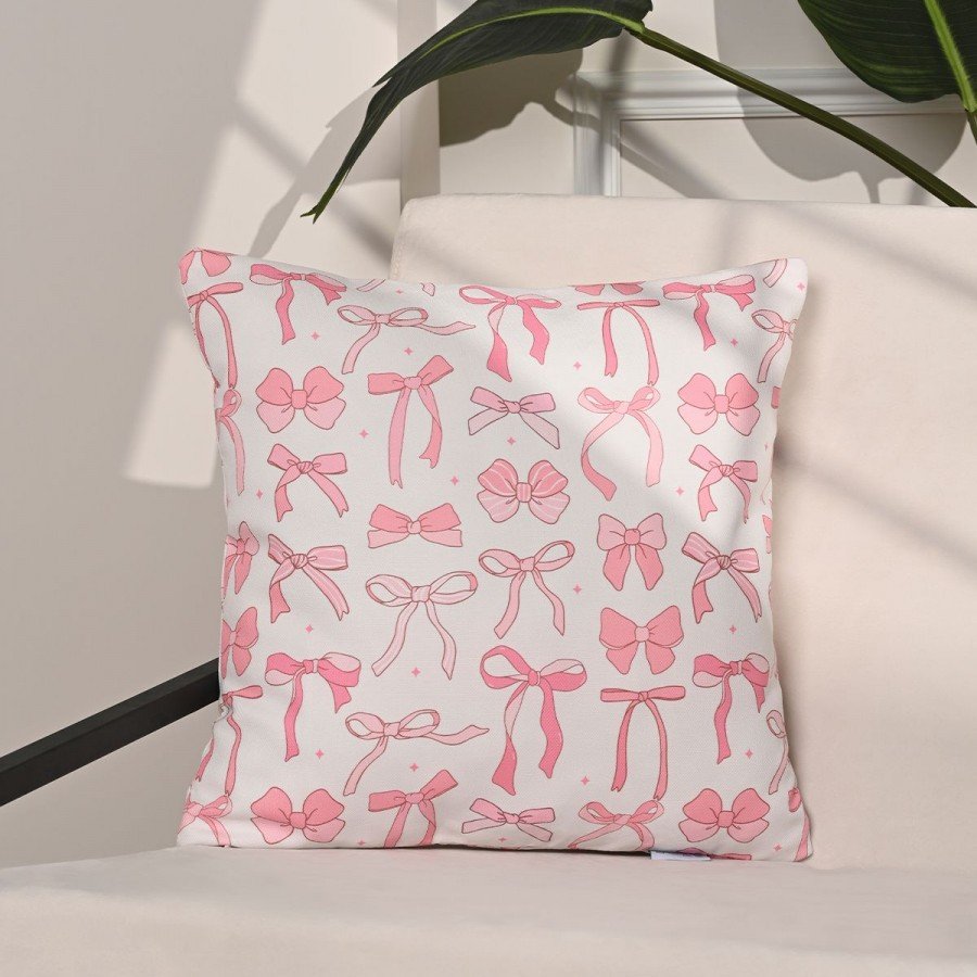 Pink Ribbons Fiyonk Desenli Romantik Kırlent Kılıfı – 43x43cm