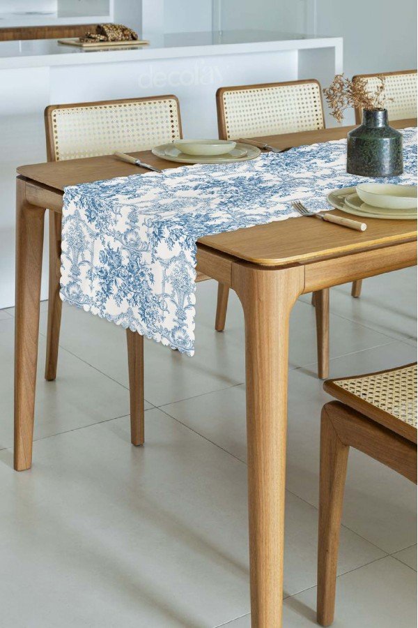 Fransız Stili Toile de Jouy Desenli Dikişsiz Lazer Kesim Runner - 48x132cm Fransız Stili Toile de Jouy Desenli Dikişsiz Lazer Kesim Runner - 48x132cm