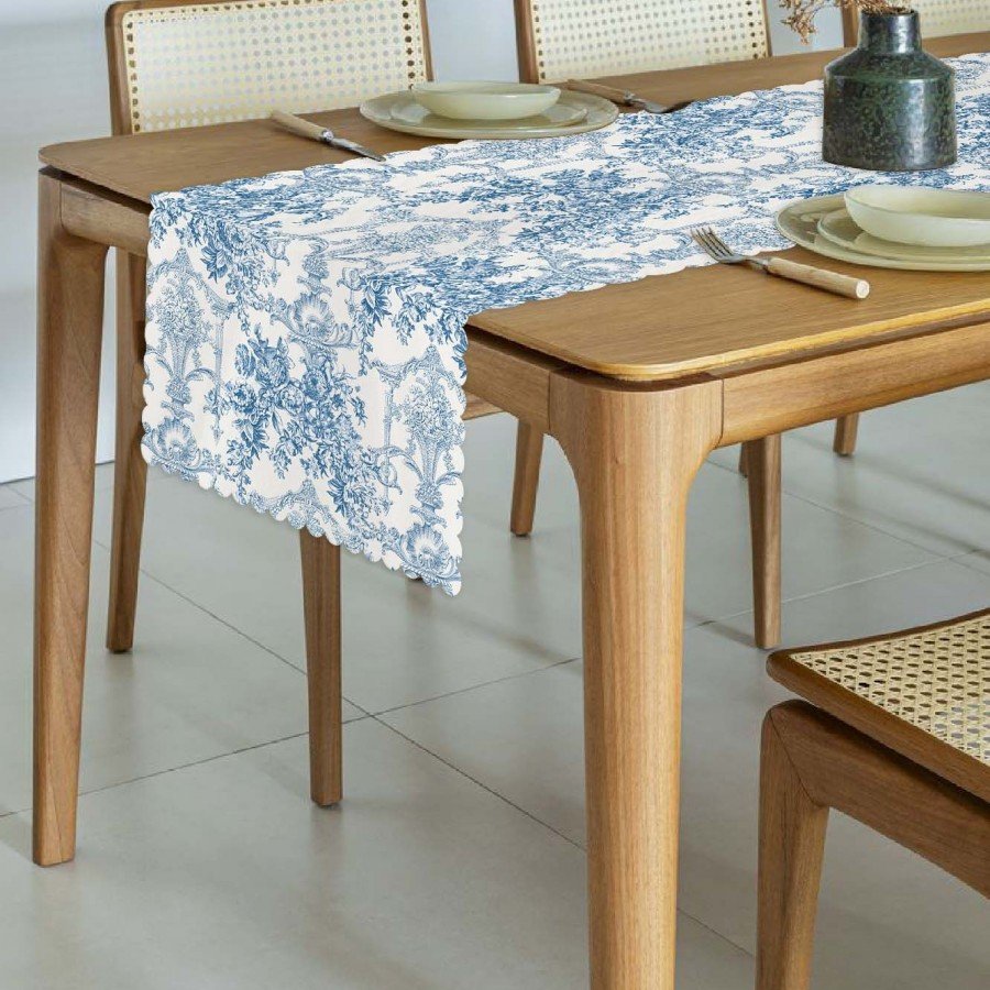 Fransız Stili Toile de Jouy Desenli Dikişsiz Lazer Kesim Runner - 48x132cm