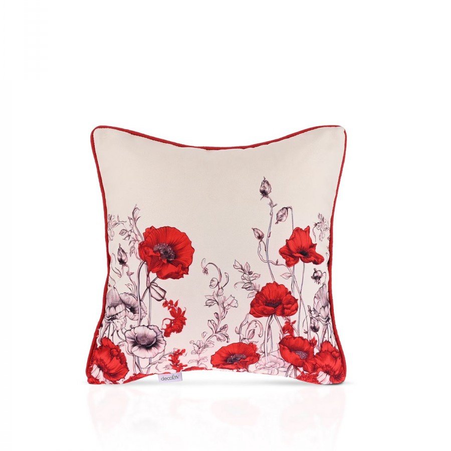 Kırmızı Gelincik Desenli Dijital Baskılı Kırlent Kılıfı – 43x43cm