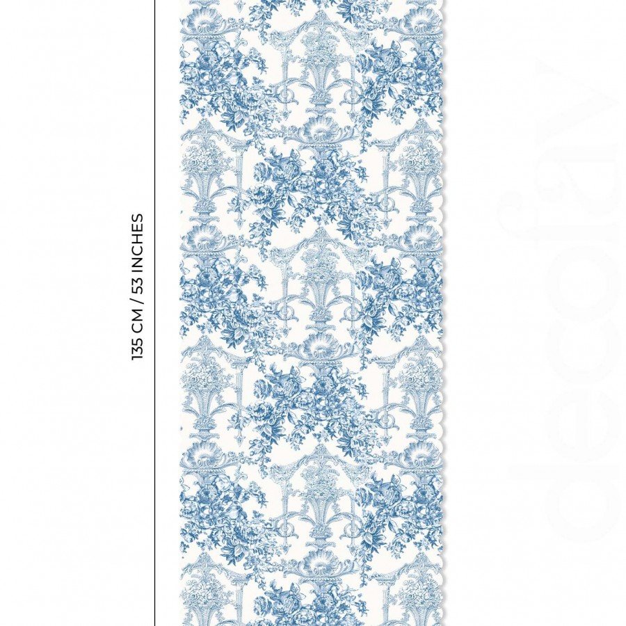Fransız Stili Toile de Jouy Desenli Dikişsiz Lazer Kesim Runner - 48x132cm