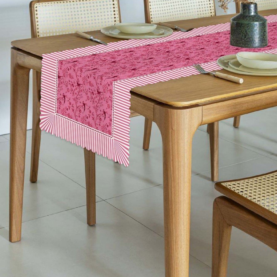 Pembe Zemin Dekoratif Kenar Kuşlar ve Dallar Tasarımlı Dikişsiz Lazer Kesim Runner - 48x135cm