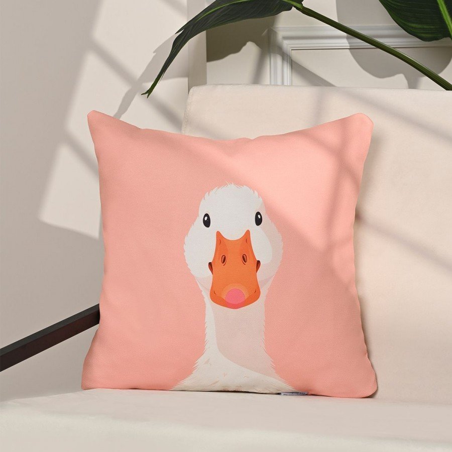 Duck Face Sevimli Kaz İllüstrasyonlu Pembe Kırlent Kılıfı – 43x43cm