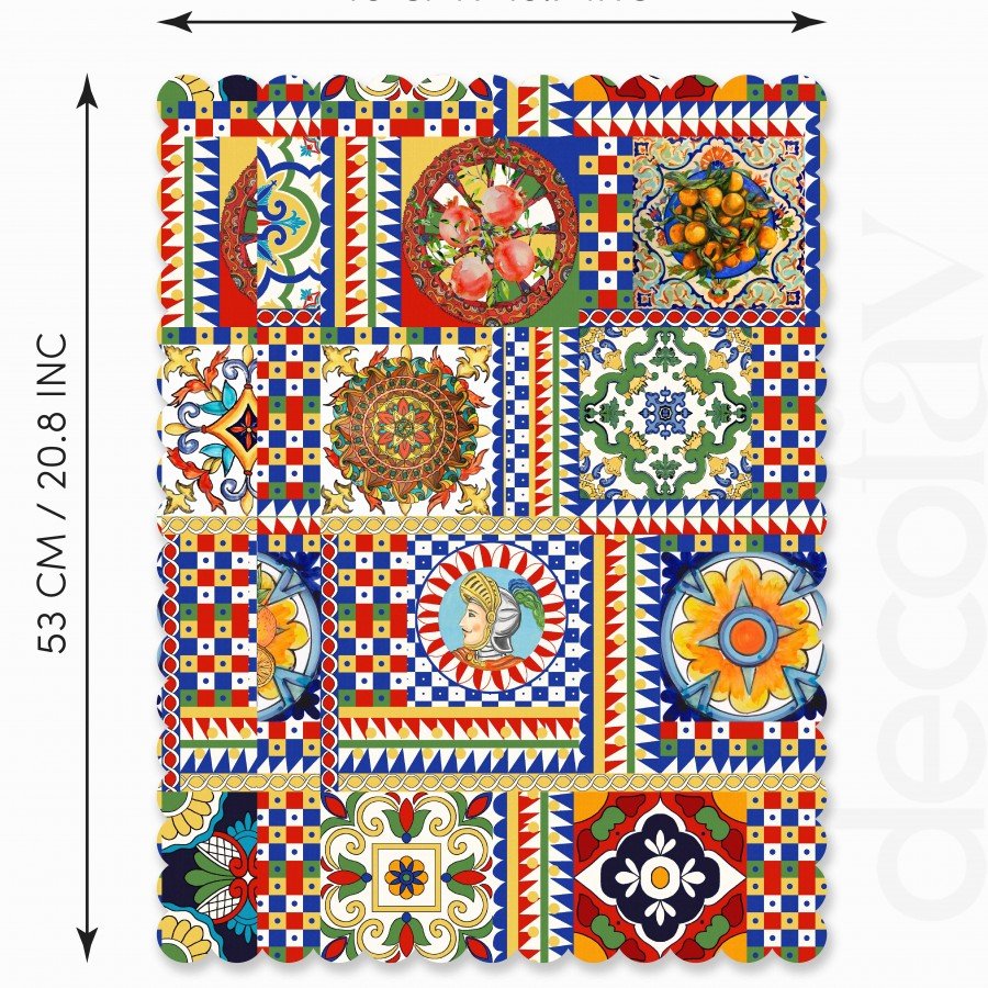 Sicily İtalyan Çini Stili Lazer Kesim Dikişsiz Fırın Örtüsü - 40x53cm