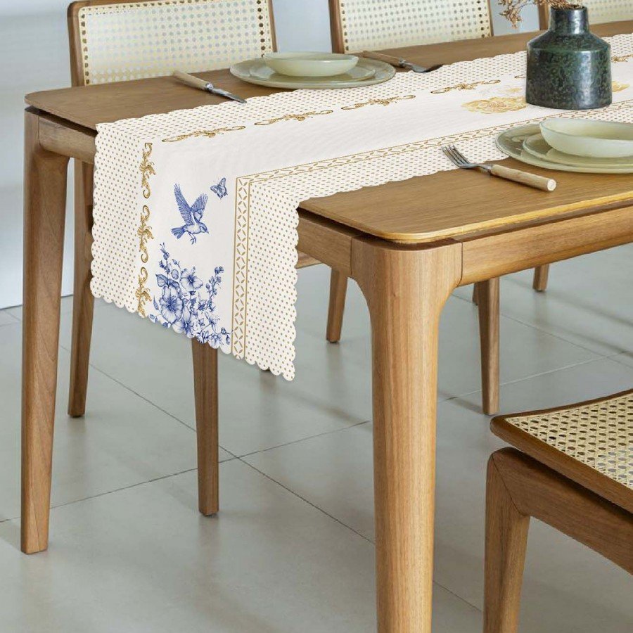 Royal White Uyumlu Çiçek ve Kuş Tasarımlı Dikişsiz Lazer Kesim Runner - 48x135cm