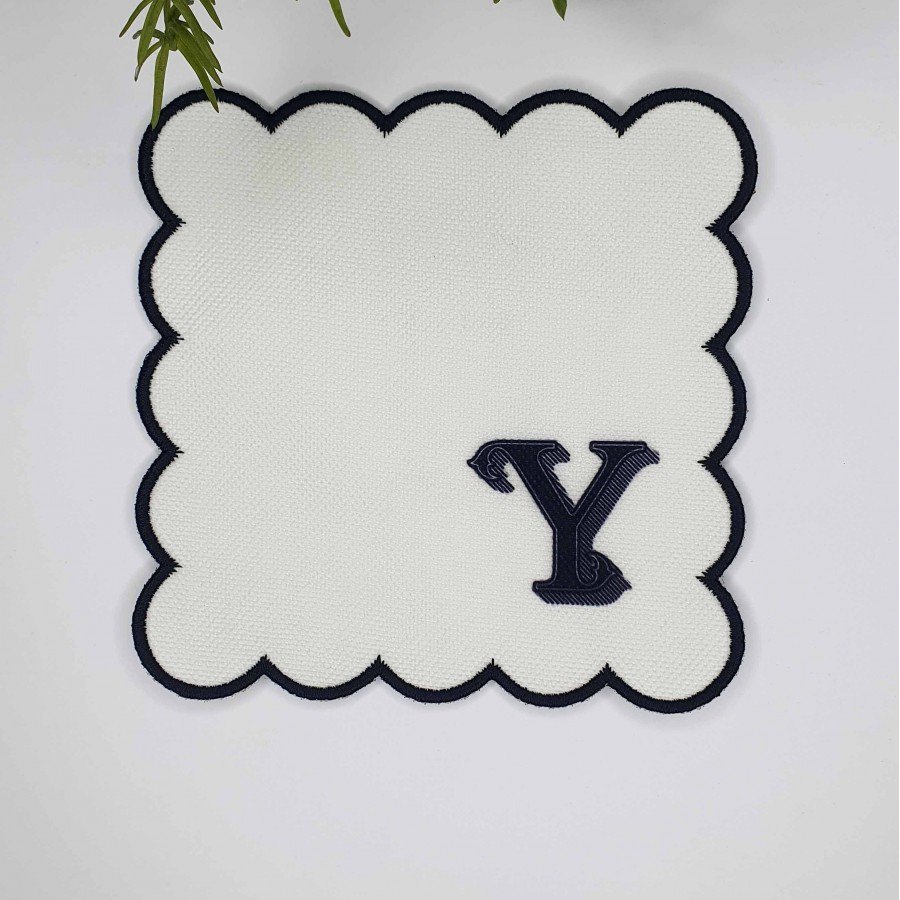 Y Harfi Minimal Monogramlı Siyah Nakış Kenarlı Beyaz Kokteyl Peçetesi 1 Adet