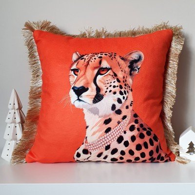 Zarif Leopar Tasarımlı Turuncu Kırlent Kılıfı Altın Saçak Detaylı - 43x43cm