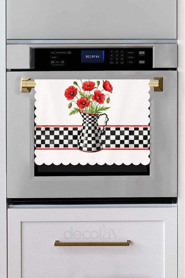 Siyah Beyaz Damalı Sürahi ve Gelincik Desenli Lazer Kesim Dikişsiz Fırın Örtüsü - 40x52cm Siyah Beyaz Damalı Sürahi ve Gelincik Desenli Lazer Kesim Dikişsiz Fırın Örtüsü - 40x52cm