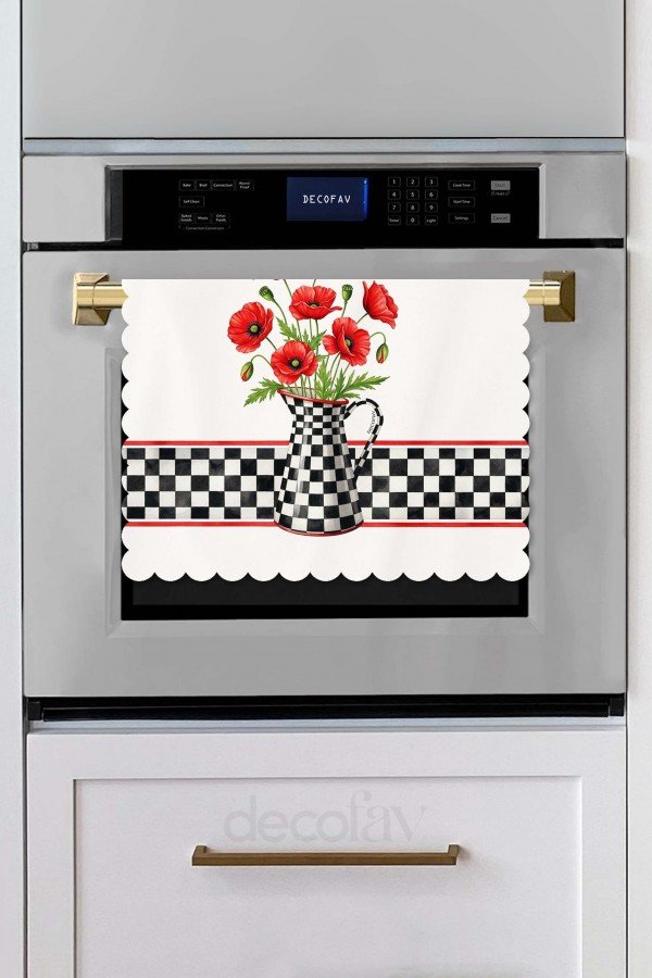 Siyah Beyaz Damalı Sürahi ve Gelincik Desenli Lazer Kesim Dikişsiz Fırın Örtüsü - 40x52cm