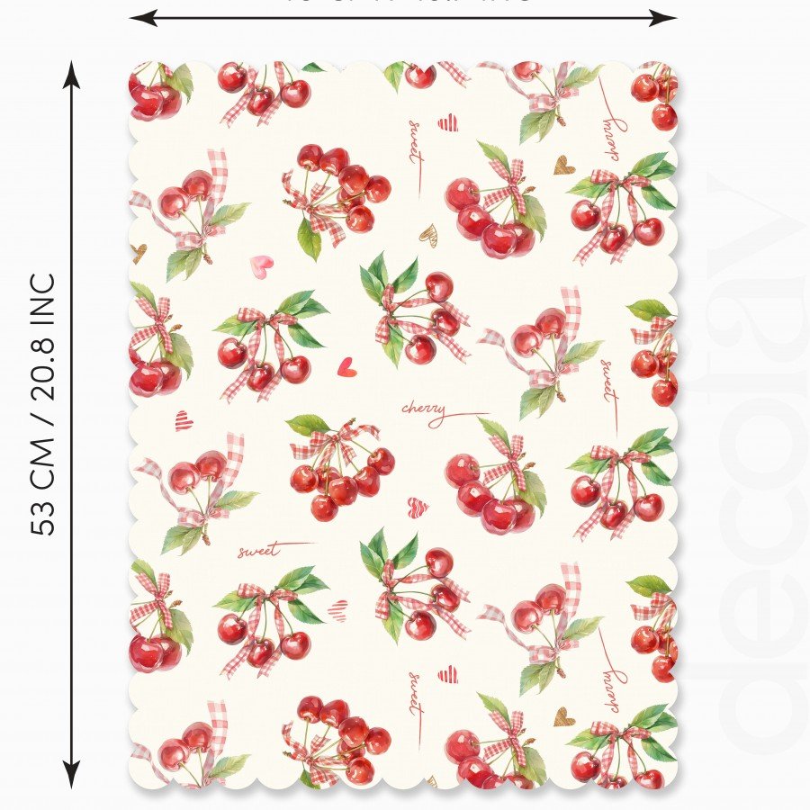 Sulu Boya Kirazlar ve Yazılar Dijital Baskılı Lazer Kesim Dikişsiz Fırın Örtüsü - 40x53cm
