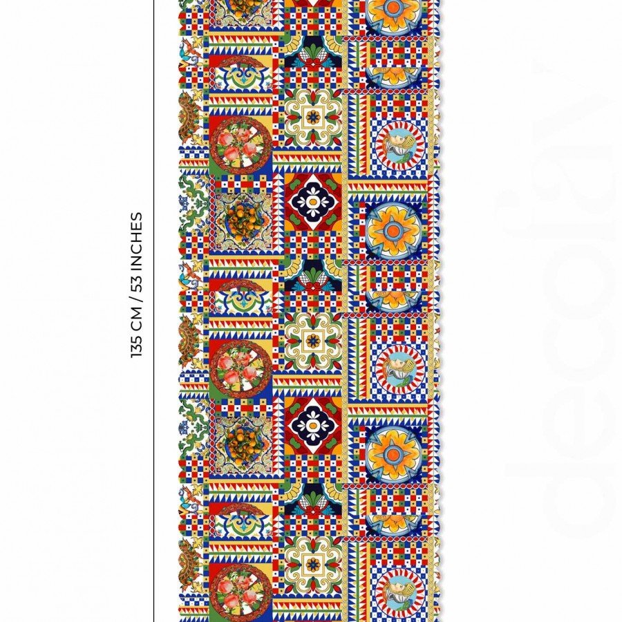 Sicily İtalyan Çini Stili Lazer Kesim Dikişsiz Runner - 48x135cm