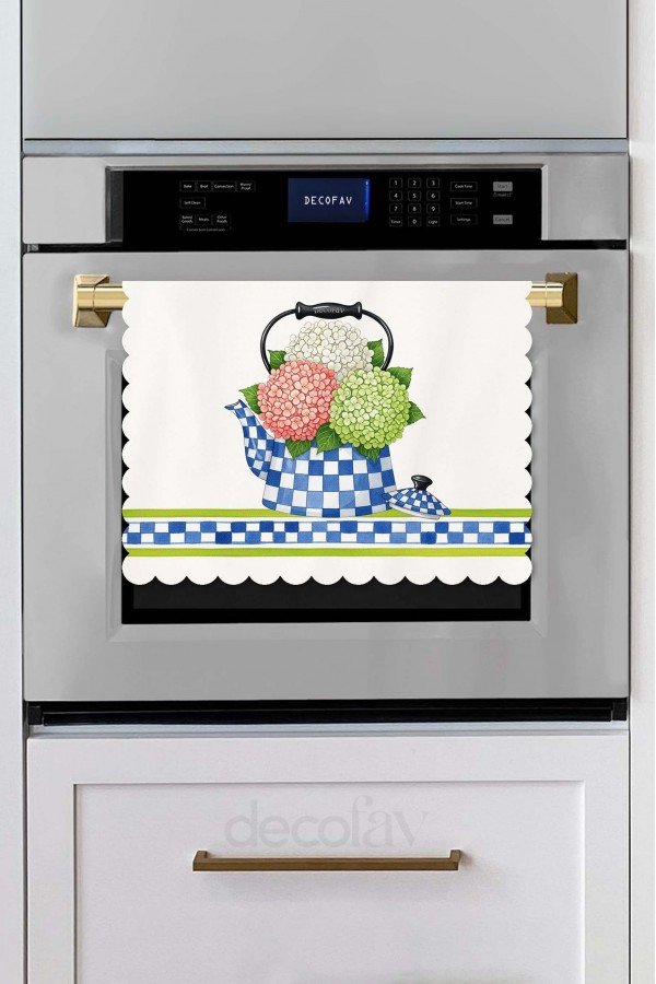 Ortanca Buketli Çaydanlık Desenli Dijital Baskılı Lazer Kesim Dikişsiz Fırın Örtüsü - 40x52cm