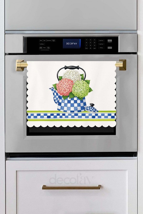 Ortanca Buketli Çaydanlık Desenli Dijital Baskılı Lazer Kesim Dikişsiz Fırın Örtüsü - 40x52cm