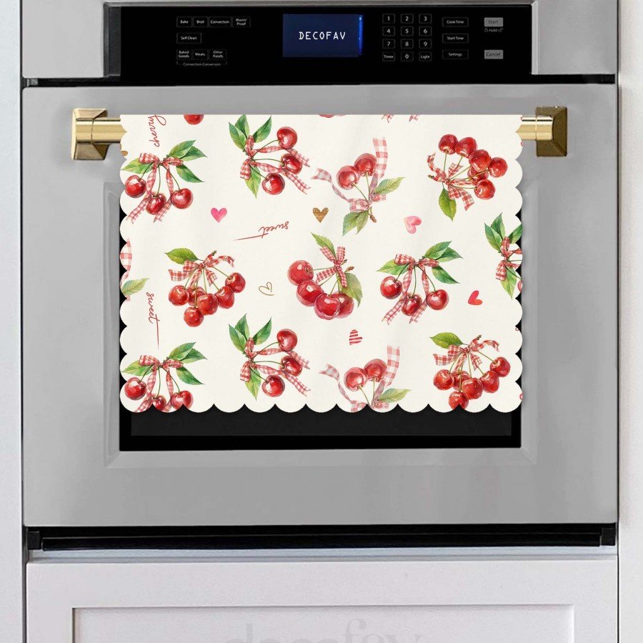 Sulu Boya Kirazlar ve Yazılar Dijital Baskılı Lazer Kesim Dikişsiz Fırın Örtüsü - 40x53cm