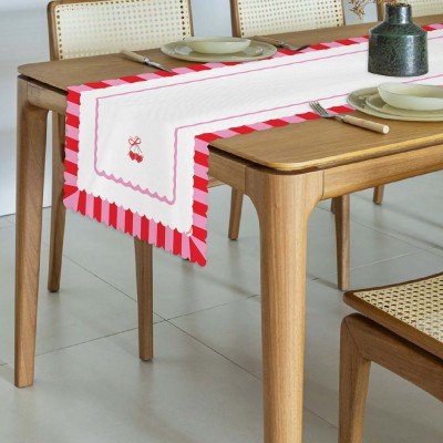 Elegant Tasarım Kalp Kiraz Dijital Baskılı Dekoratif Dikişsiz Lazer Kesim Runner - 48x135cm