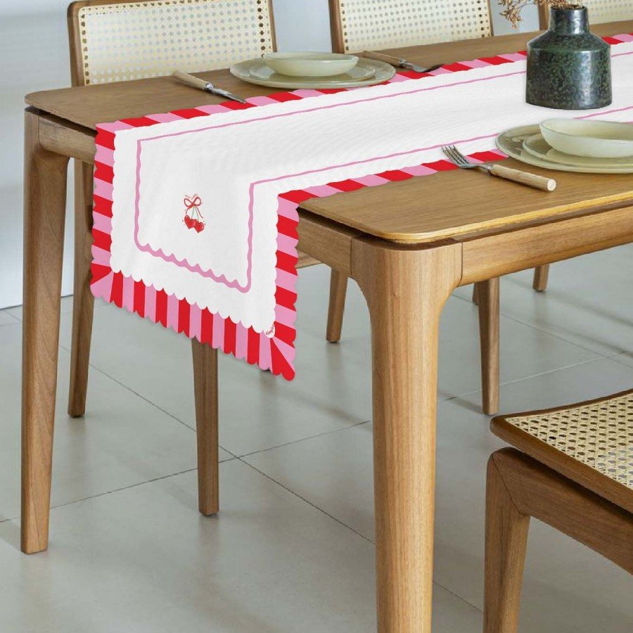 Elegant Tasarım Kalp Kiraz Dijital Baskılı Dekoratif Dikişsiz Lazer Kesim Runner - 48x135cm