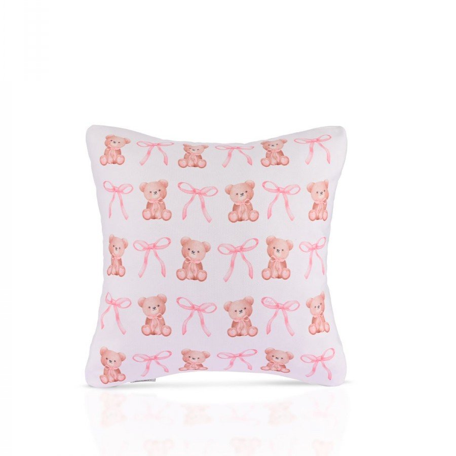Baby Pink Ayıcık ve Kurdele Desenli Çocuk Odası Kırlent Kılıfı – 43x43cm