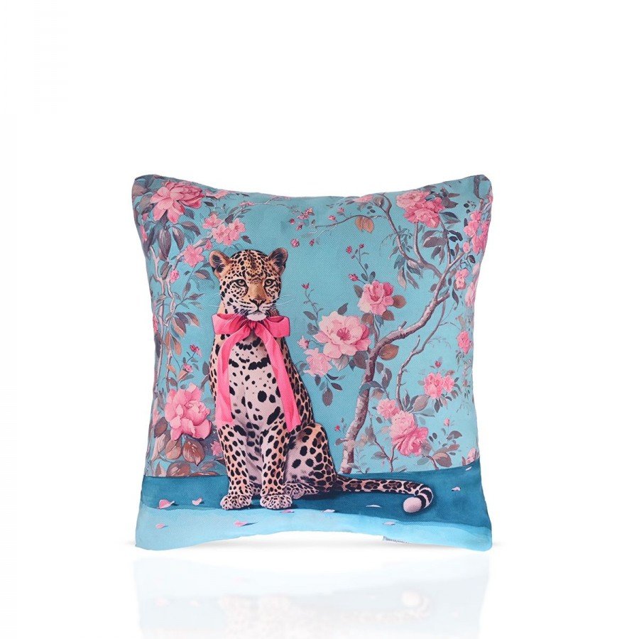 Floral Leopard Pembe Kurdeleli Çiçekli Leopar Kırlent Kılıfı – 43x43cm
