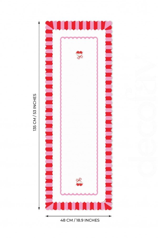 Elegant Tasarım Kalp Kiraz Dijital Baskılı Dekoratif Dikişsiz Lazer Kesim Runner - 48x135cm