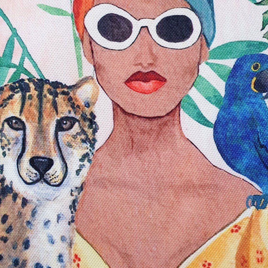 Afrikalı Kadın ve Çita Tropik Desenli Dijital Baskılı Kırlent Kılıfı - 43x43cm