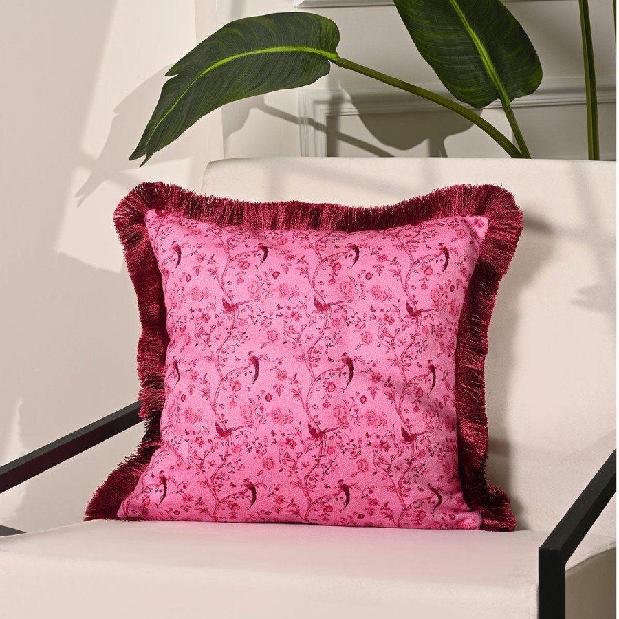 Pembe Kuş Desenli Bordo Saçaklı Kadife Kırlent Kılıfı – 43x43 cm
