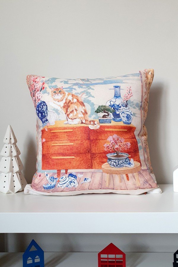 Sulu Boya Yaramaz Kedi Desen Tasarımlı Kırlent Kılıfı - 43x43cm Sulu Boya Yaramaz Kedi Desen Tasarımlı Kırlent Kılıfı - 43x43cm