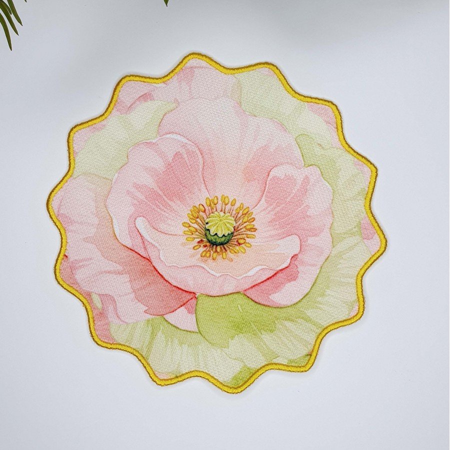 Sulu Boya Pembe Yeşil Gül Desenli Fincan Uyumlu Nakışlı Kokteyl Peçetesi 1 Adet
