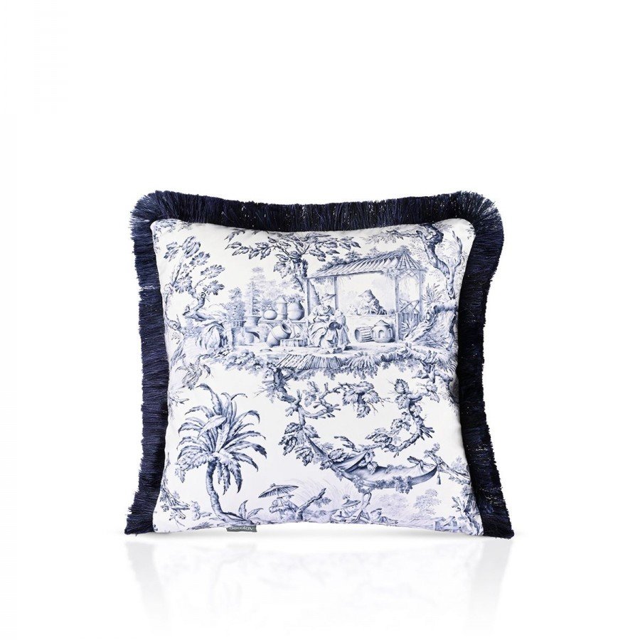 Toile Desen Lacivert Saçaklı Kadife Kırlent Kılıfı – 43x43 cm