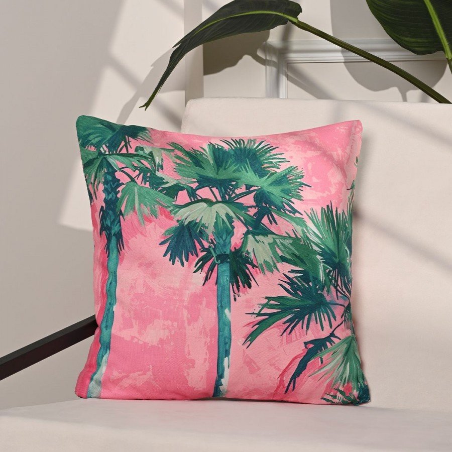 Tropical Sunset Palmiye Desenli Pembe Kırlent Kılıfı – 43x43cm