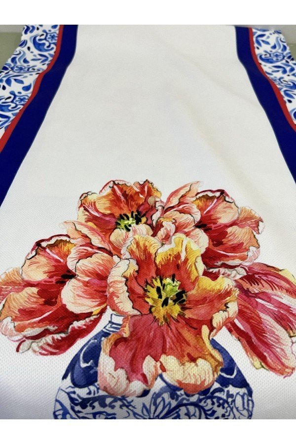 Runner Çini Vazo İçerisinde Çiçek Kenarları Çini Desenli Dijital Baskılı Runner Çini Vazo İçerisinde Çiçek Kenarları Çini Desenli Dijital Baskılı