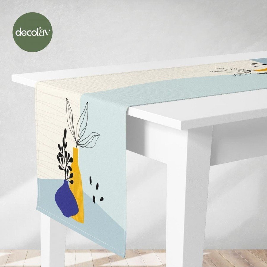 Runner ve Kırlent Minimalist Soyut Vazo Bitki  Kombin Desenli Dijital Baskılı