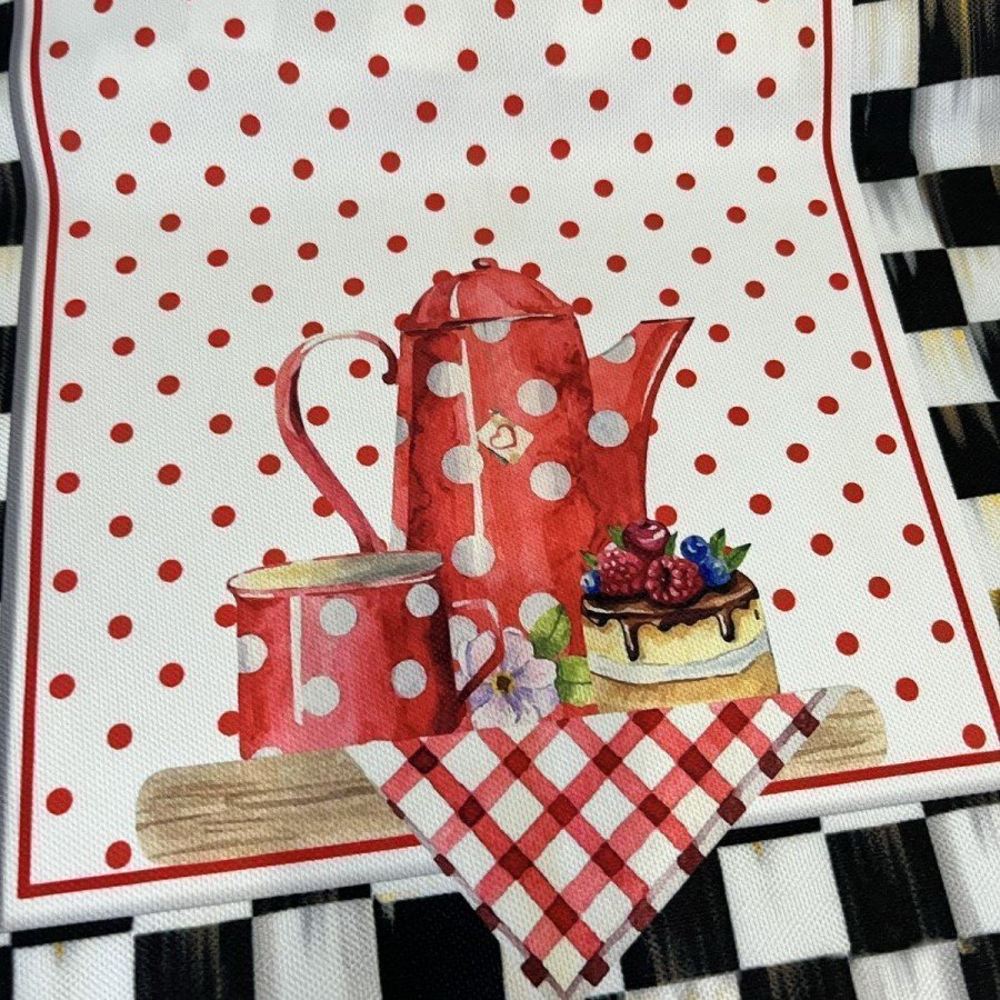 Runner Eskitme Dama Desen Ortada Puan Desenli Çaydanlık Kırmızı Puan Desenli Dijital Baskılı