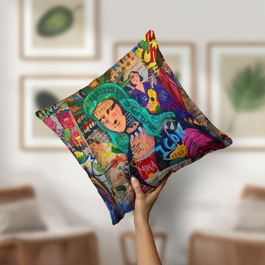Kırlent Kılıfı Neon Yazılar Kadın Pop Art Desenli Dijital Baskılı