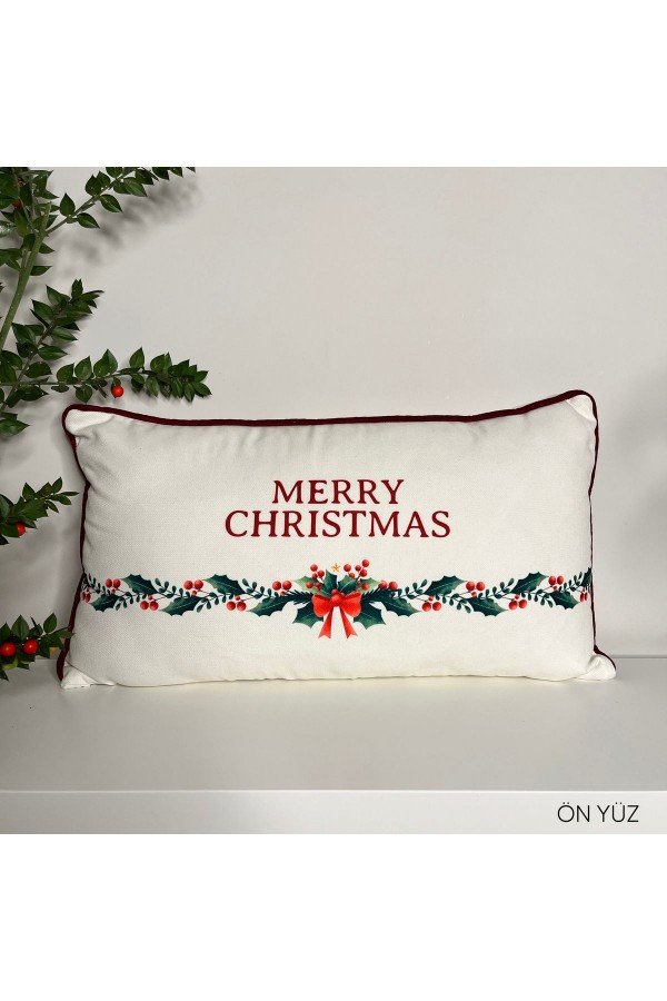 Merry Christmas Sloganlı Dekoratif Bel Yastığı Kılıfı Yılbaşı Desenli Bordo Fitilli Merry Christmas Sloganlı Dekoratif Bel Yastığı Kılıfı Yılbaşı Desenli Bordo Fitilli