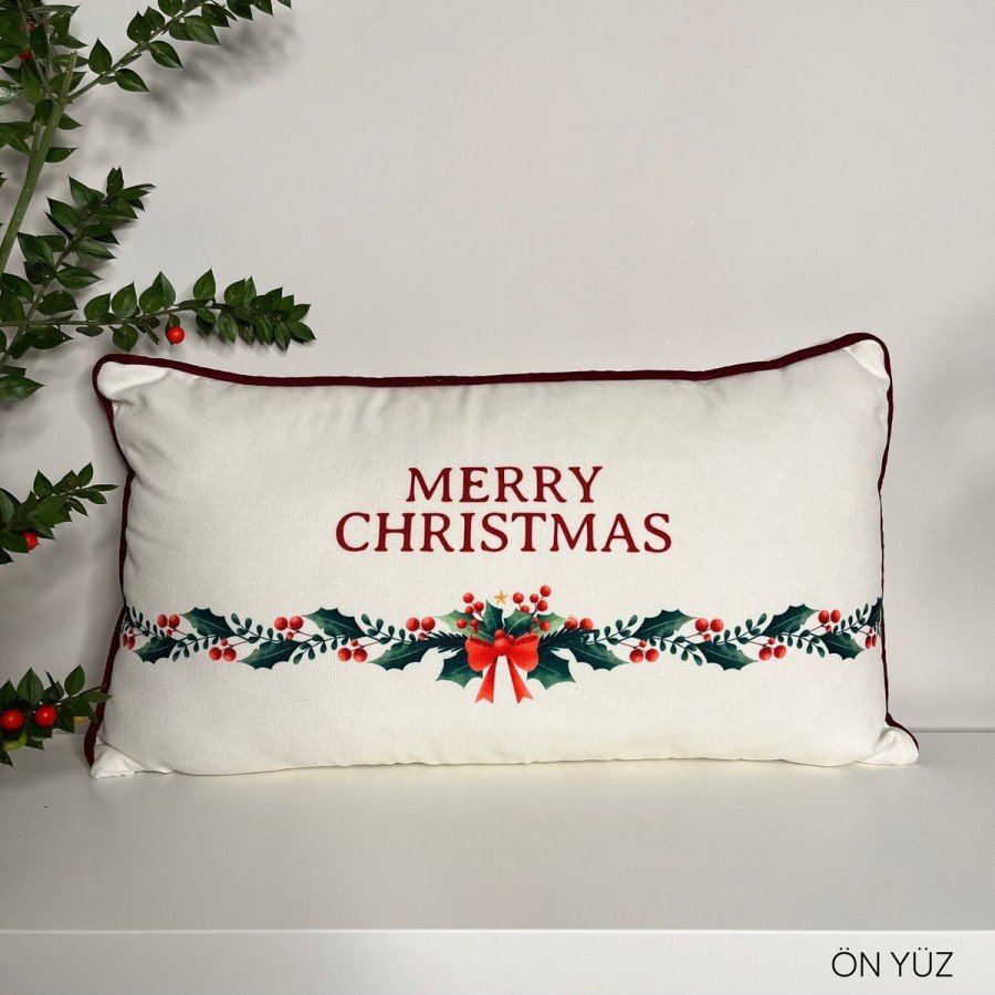 Merry Christmas Sloganlı Dekoratif Bel Yastığı Kılıfı Yılbaşı Desenli Bordo Fitilli