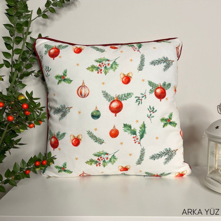Merry Christmas Sloganlı Dekoratif Kırlent Kılıfı Bordo Fitilli