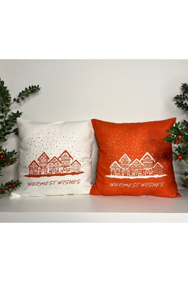 Warmest Wishes Sloganlı Ev Desenli Ekru Kırlent Kılıfı Warmest Wishes Sloganlı Ev Desenli Ekru Kırlent Kılıfı