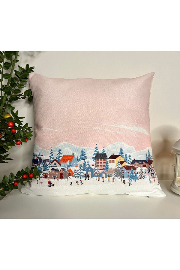 Pastel Pembe Kar Manzaralı Yılbaşı Kırlent Kılıfı Pastel Pembe Kar Manzaralı Yılbaşı Kırlent Kılıfı