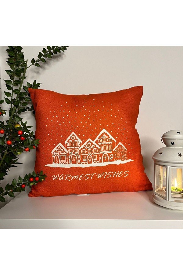 Warmest Wishes Sloganlı Ev Desenli Turuncu Kırlent Kılıfı Warmest Wishes Sloganlı Ev Desenli Turuncu Kırlent Kılıfı