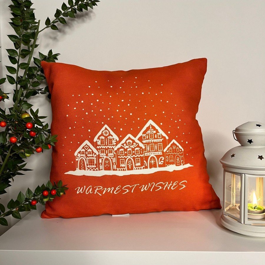 Warmest Wishes Sloganlı Ev Desenli Turuncu Kırlent Kılıfı